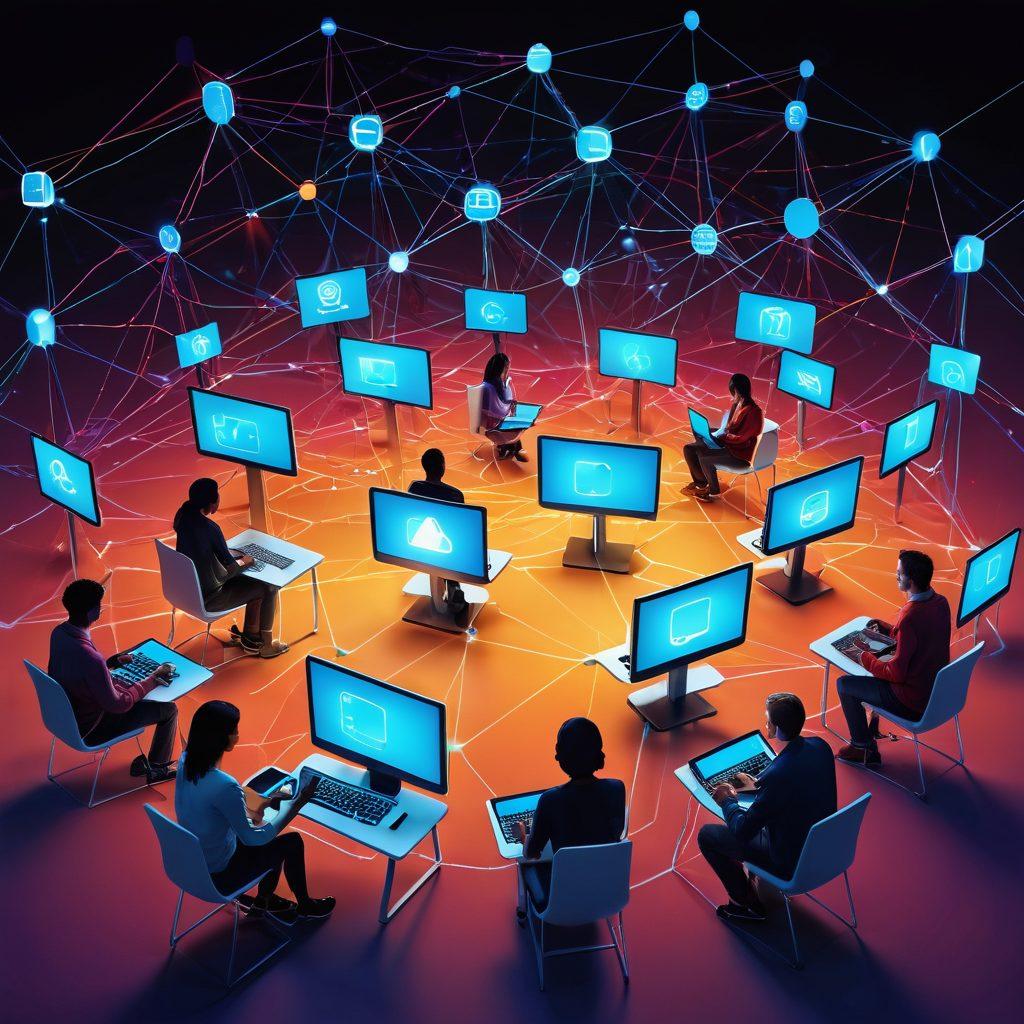 An illustration of a diverse group of people interconnected in a digital community, engaged in various online activities with vibrant digital devices surrounding them. They are illuminated by glowing network lines symbolizing instant access and membership empowerment. The background features abstract representations of technology and collaboration, enhancing the sense of thriving in a digital space. super-realistic. vibrant colors. 3D.