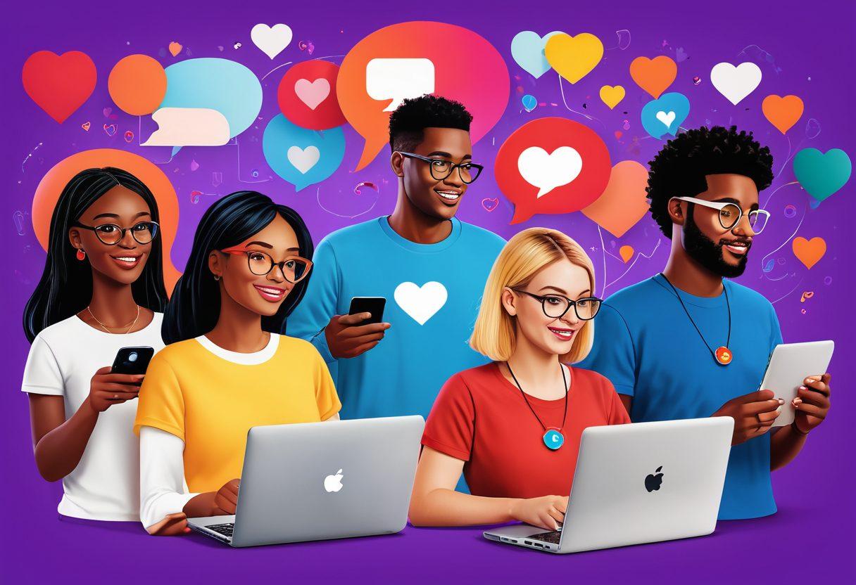 An illustration of a diverse group of people actively participating in a community event, using digital devices to engage with each other. Include symbols of blogging, such as laptops and smartphones, with visual representations of membership features like badges and rewards. The background includes vibrant elements like chat bubbles and hearts to signify connection and engagement. super-realistic. vibrant colors. digital art.