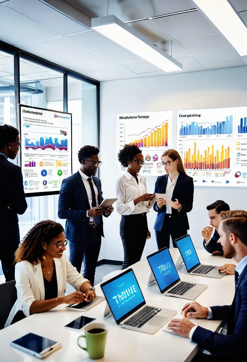 A diverse group of individuals in a bright, modern office space, reviewing various membership plans on digital devices, showcasing vibrant graphs and content-related icons around them. A pathway leads to an illuminated sign that reads 'Thrive', symbolizing growth and opportunity. The atmosphere is warm and inviting, promoting collaboration and success. super-realistic. vibrant colors. white background.